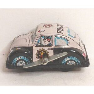 Yonezawa VW Volkswagon Beetle Police Wind Up Works Vintage Tin Litho Japan